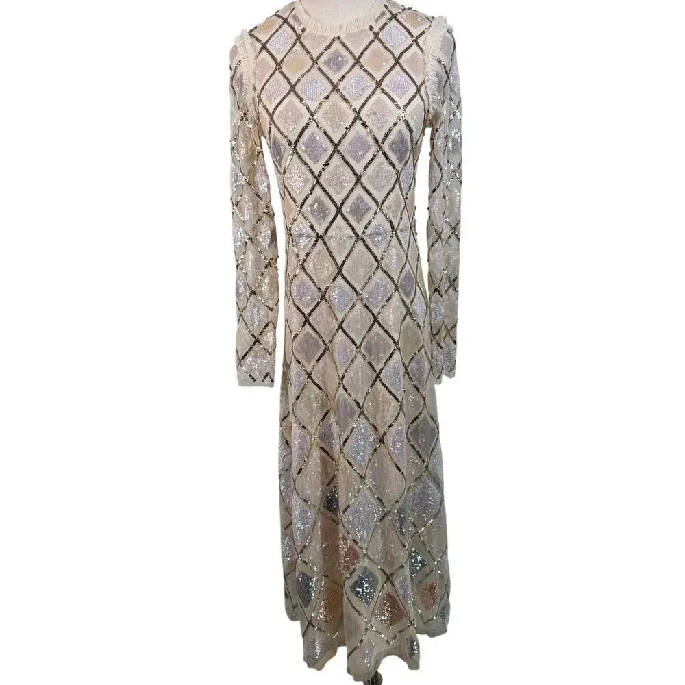 Needle & Thread Sequin Diamond Ballerina Dress ivory pink size US 6 / UK 10 - Picture 7 of 16